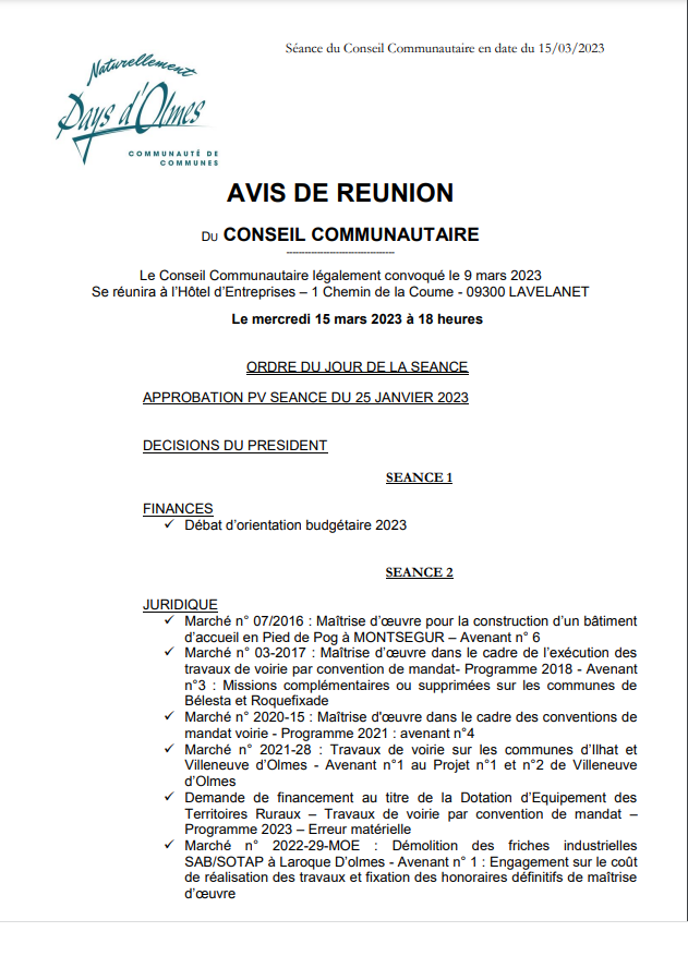 Conseil communautaire CCPO - 15 MARS 2023