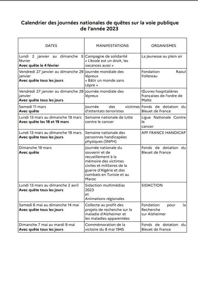 Calendrier des appels à la générosité publique